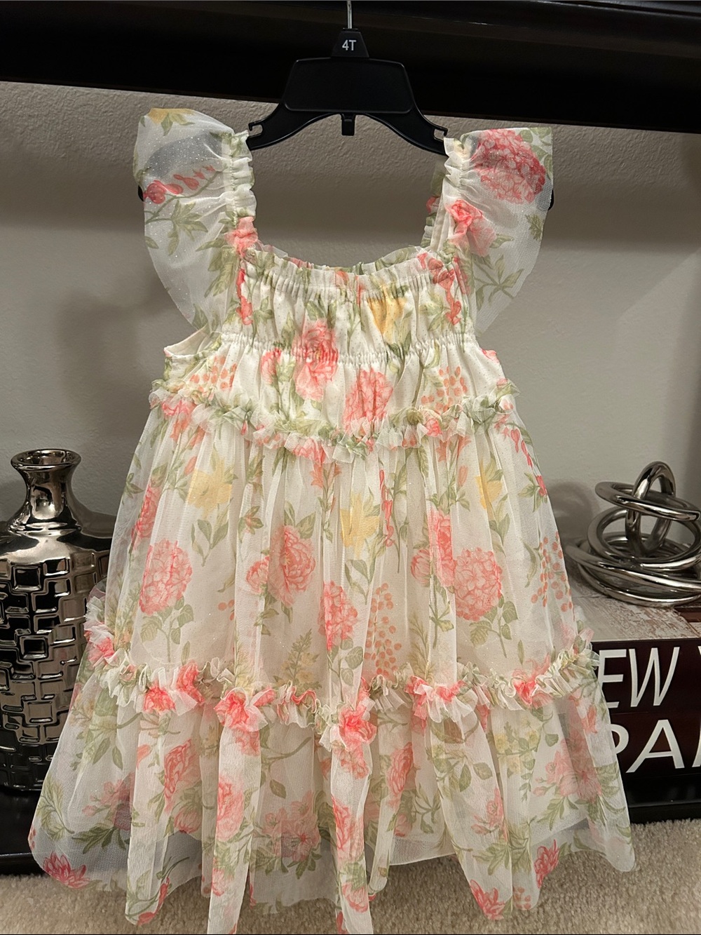 Rachel Zoe Mesh Floral Ruffle Dress - Pink & Green Size 5T